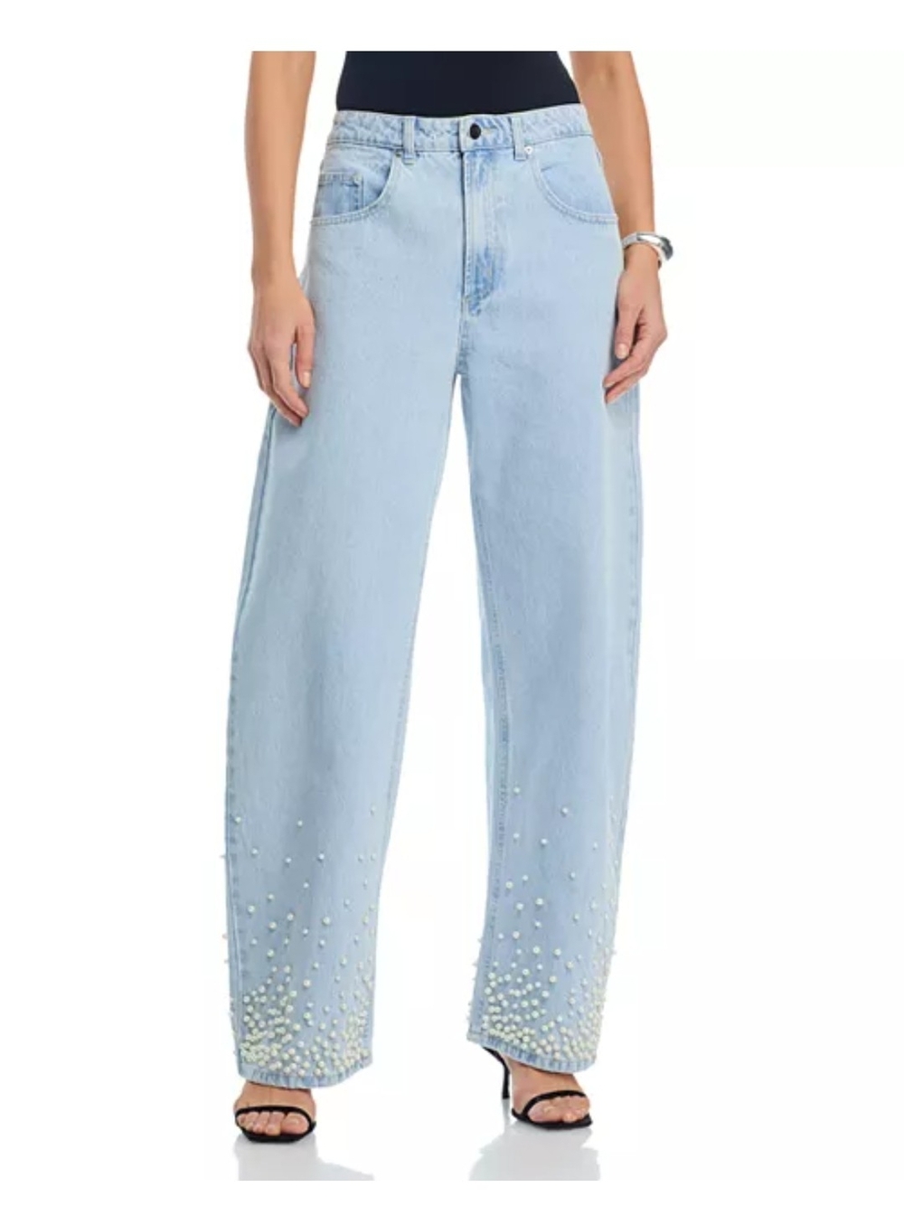 NWT Aqua Light Blue Wide-Leg Jeans Pearl Embellished Hem High-Rise Jeans 24